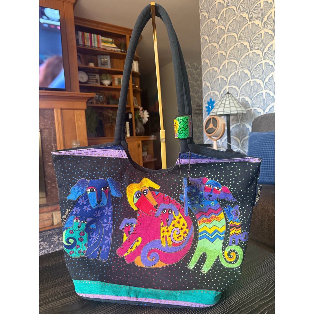 Laurel Burch "Dogs & Doggies" Multi-Color Canvas Tote Bag with Keychain